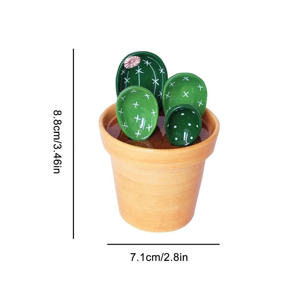 4 pçs conjunto de colheres de medição de porcelana bonito cactus forma mexendo colher de sopa reutilizável cerâmica vaso de flores conjunto de colher de medição