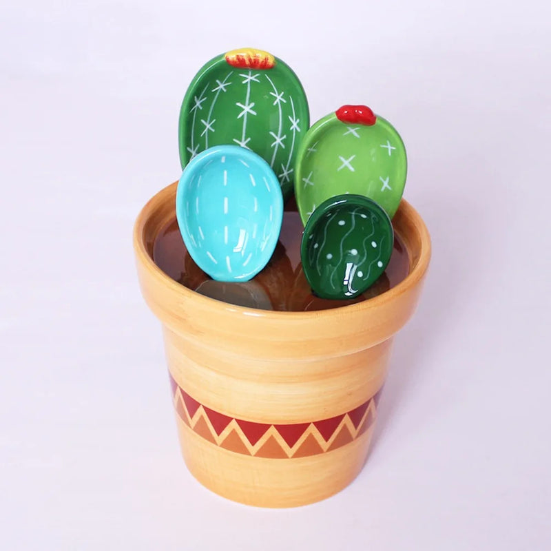 4 pçs conjunto de colheres de medição de porcelana bonito cactus forma mexendo colher de sopa reutilizável cerâmica vaso de flores conjunto de colher de medição