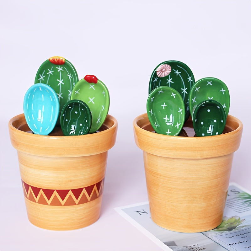 4 pçs conjunto de colheres de medição de porcelana bonito cactus forma mexendo colher de sopa reutilizável cerâmica vaso de flores conjunto de colher de medição