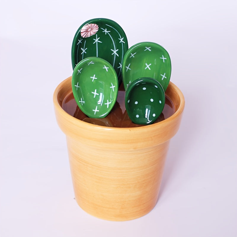 4 pçs conjunto de colheres de medição de porcelana bonito cactus forma mexendo colher de sopa reutilizável cerâmica vaso de flores conjunto de colher de medição