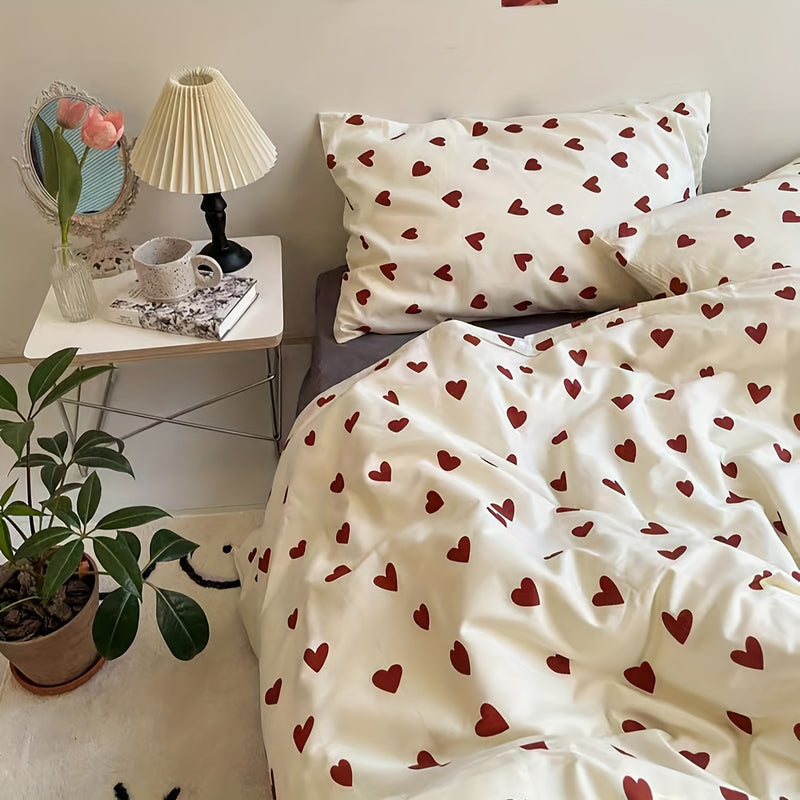 Conjunto de cama estilo coreano para crianças e adultos, lençol plano, capa de edredão, fronha, roupa de cama, coração cheio, queen size, gêmeo, amor