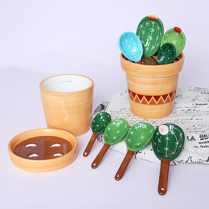 4 pçs conjunto de colheres de medição de porcelana bonito cactus forma mexendo colher de sopa reutilizável cerâmica vaso de flores conjunto de colher de medição