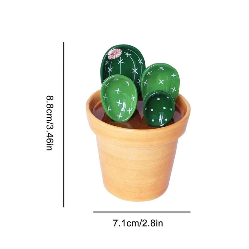 4 pçs conjunto de colheres de medição de porcelana bonito cactus forma mexendo colher de sopa reutilizável cerâmica vaso de flores conjunto de colher de medição