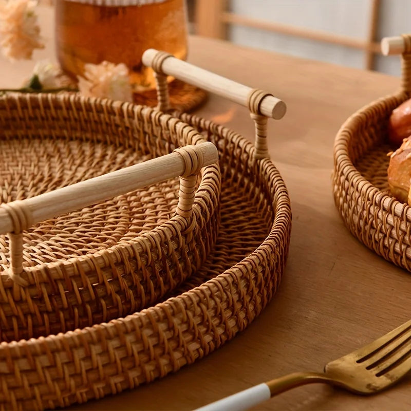 Cesta redonda do armazenamento do Rattan com alças, mão natural tecida cestas, prato do alimento do pão e do fruto, fontes home da cozinha