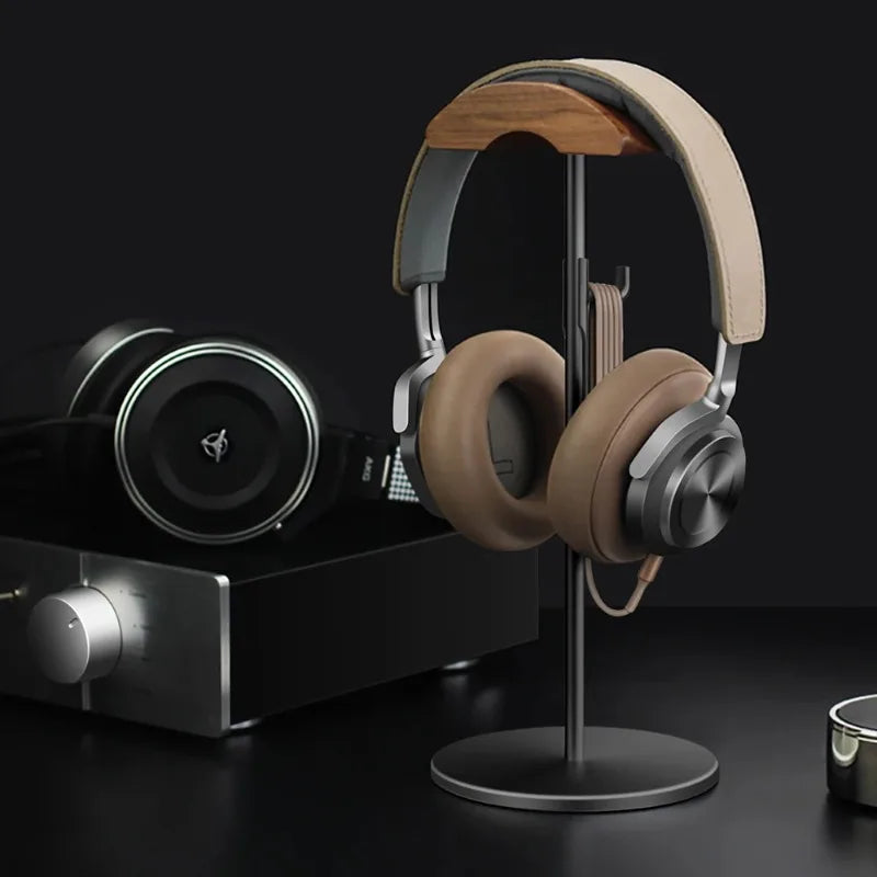 Preto Walnut Madeira e Alumínio Headphone Stand, Nature Walnut Gaming Headset Holder, Base de Metal Sólida, Table Desk Display