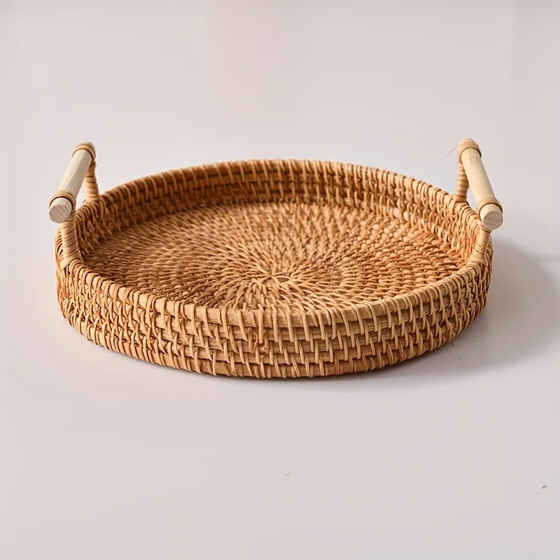 Cesta redonda do armazenamento do Rattan com alças, mão natural tecida cestas, prato do alimento do pão e do fruto, fontes home da cozinha