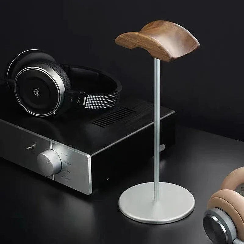 Preto Walnut Madeira e Alumínio Headphone Stand, Nature Walnut Gaming Headset Holder, Base de Metal Sólida, Table Desk Display