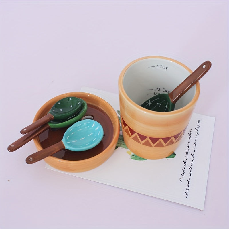 4 pçs conjunto de colheres de medição de porcelana bonito cactus forma mexendo colher de sopa reutilizável cerâmica vaso de flores conjunto de colher de medição