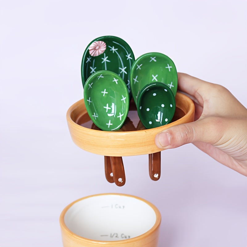 4 pçs conjunto de colheres de medição de porcelana bonito cactus forma mexendo colher de sopa reutilizável cerâmica vaso de flores conjunto de colher de medição